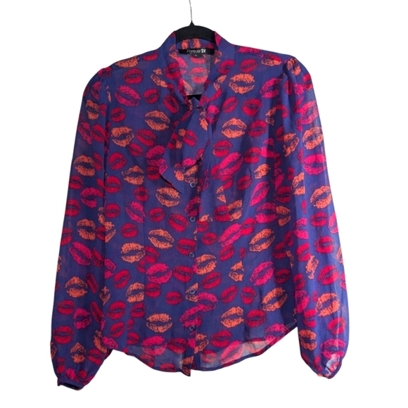 Forever 21 Purple Graphic Blouse with Relaxed Fit and Mandarin Collar - Picture 1 of 5